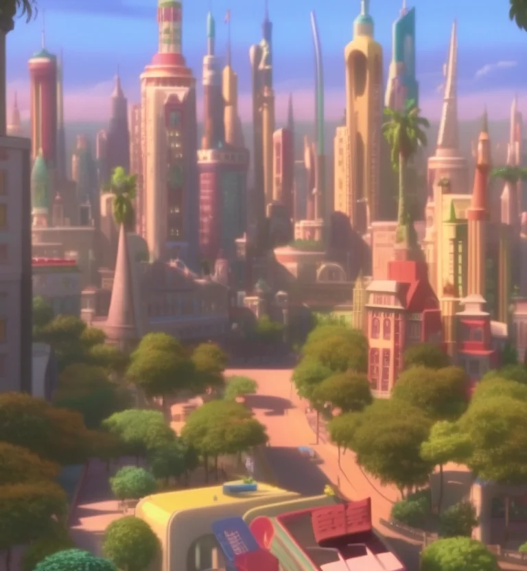 a view of a modern city, Zootopiav4, strong vibrant colors