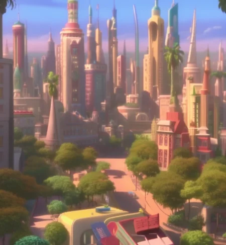 a view of a modern city, Zootopiav4, strong vibrant colors