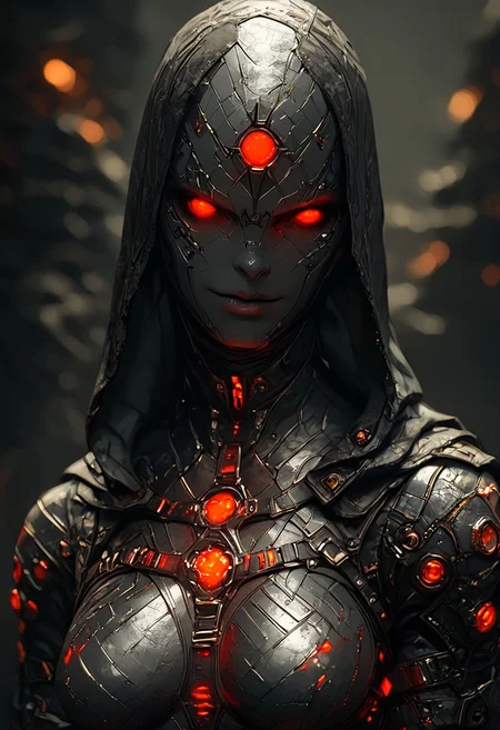 score_9, score_8_up, score_7_up, score_6_up, 1girl, robotic parts, cyborg body, metal skin, red glowing joint, black skin, hood down, slutty Smile, skank, slutty, seductive, Curious Eyes, hourglass figure, medium breasts, large ass, thigh gap, (Standing with the upper body leaning back), hkevil, sinozick style, flat color, dark theme, Expressiveh, harness, garter, straps, cupless bra