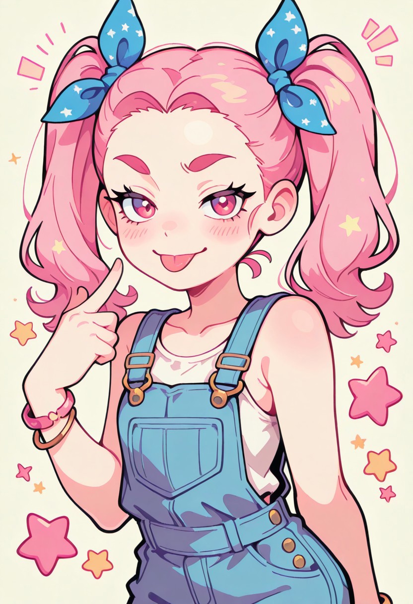 1 girl , solo , blushing , tongue out , closed mouth , bratty smile , thick eyebrow , eyelashes , cute , twintails , winking , star , sleeveless , bracelet , overalls , ribbon , hair ribbon ,
masterpiece, best quality ,amazing quality ,S4bit4mago_illu , Protoneon  ,s0wasow4rt_illu, t1m3r