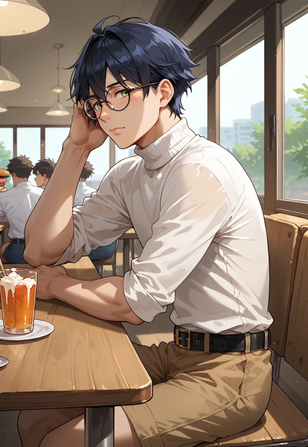 score_9, score_8_up, score_7_up, cowboy shot, 1boy, solo, male focus, young adult, college student, art student, handsome, cute, (shy:1.2), (nerd:1.2), white shirt, turtleneck sweater under shirt, sexy, nerdy, simple background, indoors, cafeteria table, slim, slender, (twink:1.2), blush, green eyes, (round eyeglasses), large eyeglasses, subscription eyeglasses, looking at away, facing viewer, black hair, hair between eyes, bangs, sitting, scratching own head, reserved, closed mouth, curving lips, cream cargo shorts, leather belt, belt buckle, food, lunch, glass cup, from side,