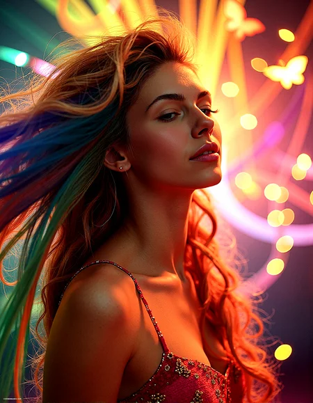 vintage style from 1930s,
Extreme realism in a complex, highly detailed composition featuring a woman with extremely long flowing rainbow-colored hair. The glowing background, with its vibrant colors, exaggerated details, intricate textures, and dynamic lighting, creates a whimsical, dreamy atmosphere in photorealistic quality.
Threads of light that float and weave through the air, adding movement and intrigue.
Patterns on the ground or in the background that glow subtly, adding a layer of complexity.Rainbows that appear faintly in the background, adding a touch of color and wonder.Butterfly wings that shimmer in the light, adding life and movement to the scene.Beams of light that radiate softly through the scene, adding focus and direction.Curtains of light that flow gently through the air, adding movement and a soft glow.
A close-up of her face with her hair slightly wind-swept, creating movement and dynamic texture.