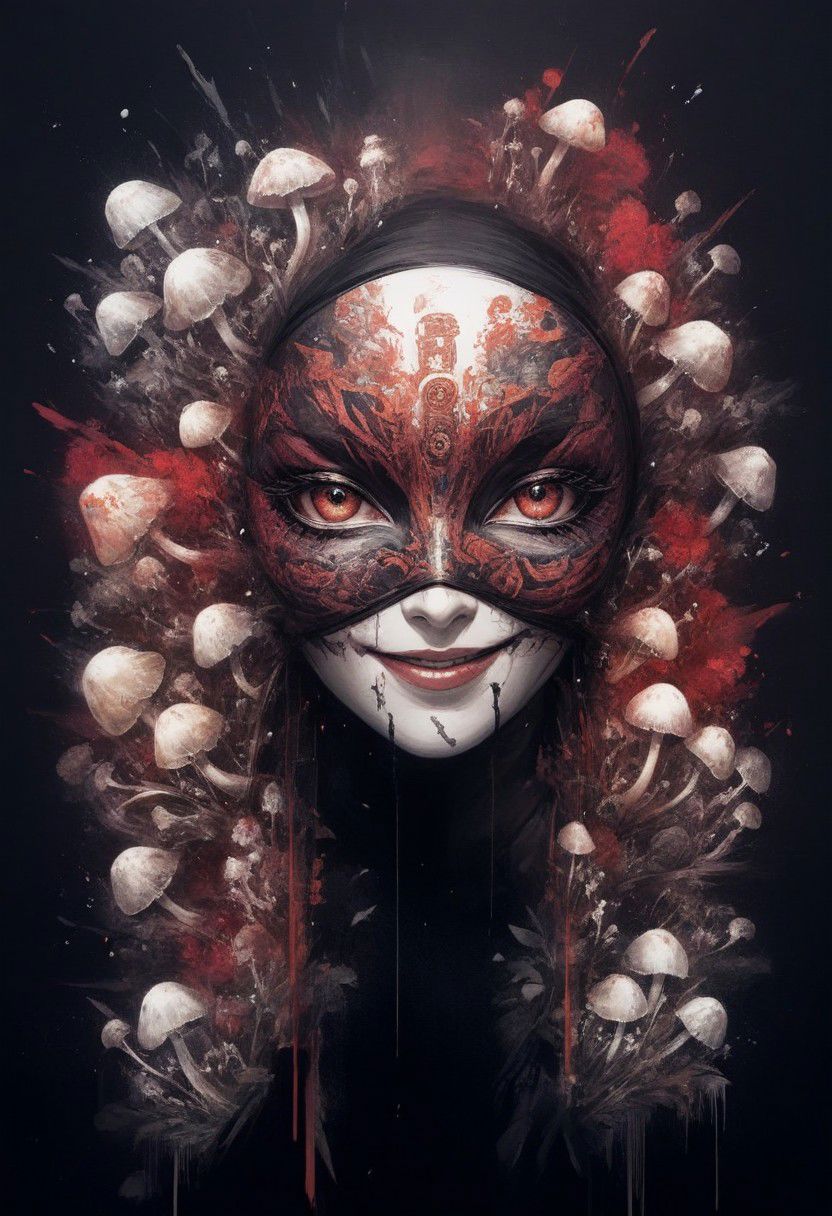 Woman wearing Chinese deamon mushroom mask shows half of her face to the audience and smiles,by Minjae Lee, Carne Griffiths, Emily Kell, Steve McCurry, Geoffroy Thoorens, Aaron Horkey, Jordan Grimmer, Greg Rutkowski, amazing depth,high resolution, ink painting, black purple