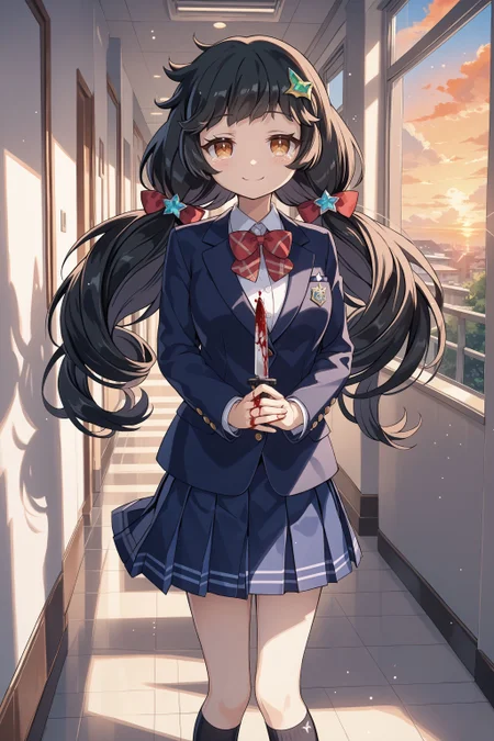 score_max, (score_9, score_8_up, score_7_up:1.2), score_6_up, official art, source_anime,
, masterpiece, absurdres, high detail, 8k,
school, hallway, sunset, orange sky, light particles,
holding knife, blood, own hands together, smile, tears, looking at viewer,
rutika, black hair, twintails, hair ornament, hair bow, school uniform, blazer, white shirt, red bowtie, pleated skirt, blue skirt, black socks,
<lora:XL_Pony_gomaotsu-lucchica-t2:1>