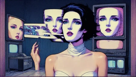patrick nagel painting of a squishy scifi lizard skin old fashion television, surrounded by soft opalescent membranes, antenna with large expressive eyes <lora:lcm-lora-sdxl:1> <lora:InkArtXL_1.2:1>  <lora:That_Special_Face:1>