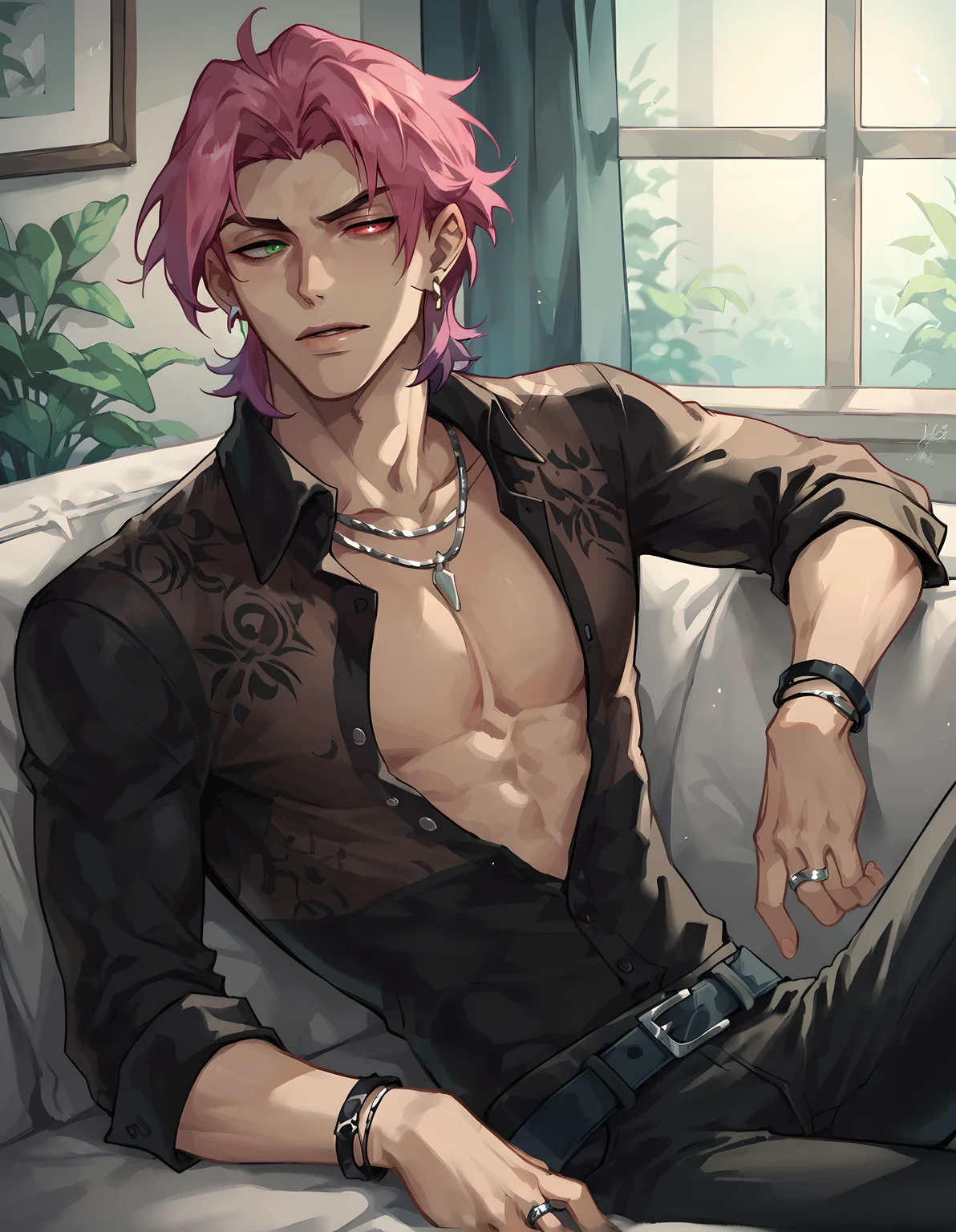 score_9, score_8_up, score_7_up, hs kayn, solo, looking at viewer, shirt, 1boy, jewelry, sitting on sofa, upper body, pink hair, male focus, earrings, open clothes, collared shirt, belt, pants, necklace, bracelet, black shirt, open shirt, dress shirt, black pants, ring, pectorals, belt buckle, pectoral cleavage, heterochromia, green eyes, red eyes, 
<lora:HS_Kayn_Test2:0.76>, zPDXL, indoors, night