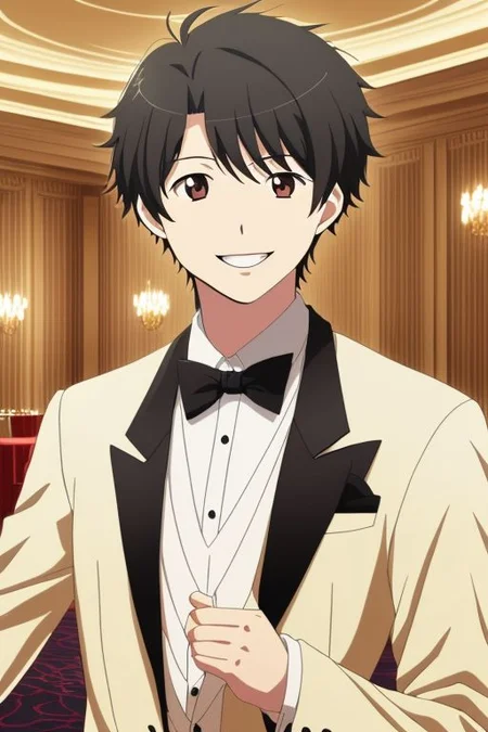 high resolution, solo, best quality, 1Boy, Inaho Kaizuka, Black Hair, luxury hotel, Ballroom, tuxedo, smile, confident, OverallDetail