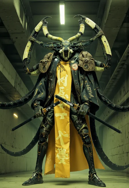 . A digital illustration shoot from a frontal camera angle about a humanoid robot with a menacing appearance, standing confidently in a futuristic cyberpunk setting. the image also shows a cyberpunk aesthetic with a sci-fi theme. on the middle of the image, a robot, who appears to be a humanoid creature with a muscular build, wearing a yellow and black kimono with the letters "tkk" on it, is standing confidently with two swords in each hand, facing the viewer. the robot has a menacing expression and is positioned in the center of the frame, with its full body visible from the camera angle. it has a black and yellow color scheme with intricate mechanical details and a long, flowing cape draped over its shoulders, giving it a sense of power and strength. the character has long, tentacles that extend from its body, resembling a spider-like appendage, and is adorned with glowing, japanese characters that add to its menacing appearance. the background is a dimly lit, industrial setting with greenish tones, and the overall mood is ominous and cyberpunk.