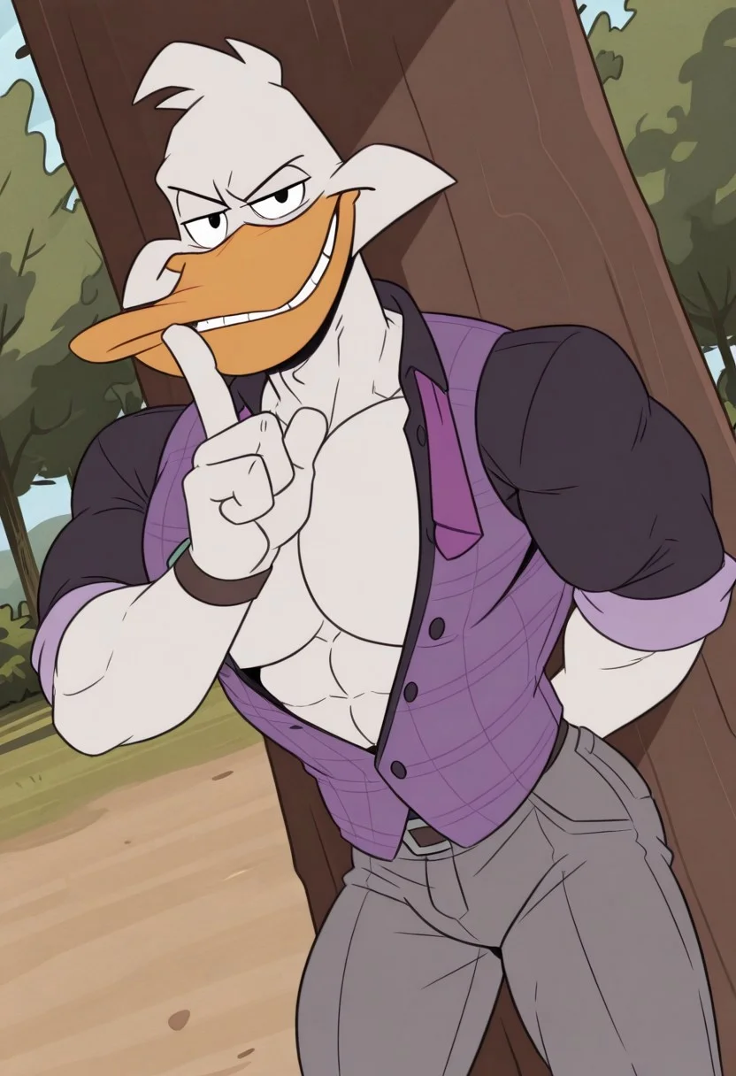 solo, 1boy, male focus, bara, furry, muscular, DM, Duck, white feathers, yellow Beak, Duck feet, anthro, smug, sexy smile, evil smug, grin, evil grin, wide grin, predatory grin, evil face, shushing, purple vest, open vest, Black shirt, Open shirt, Unbuttoned shirt, gray pants, purple tie, bare Chest, bare Pecs, perfect anatomy, masterpiece, perfect quality, best quality, detailed, newest, very aesthetic, detailed muscle, muscular, big pecs, Thick Pecs, juicy pecs, detailed muscle, leaning against tree, Closer against tree, outdoors, grassy, dutch angle, perfect anatomy,