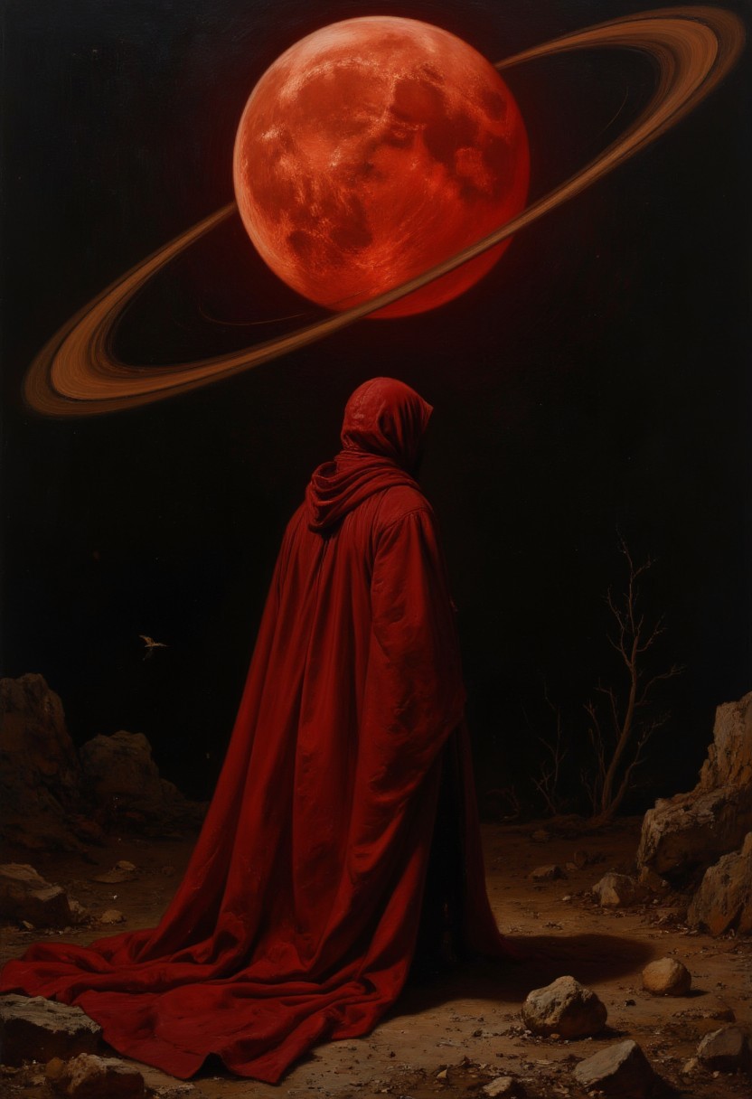 A high-quality digital painting featuring a hooded figure in a red cloak facing a large, glowing red moon and black ring of Saturn, set against a dark, ominous background, finest details, ultimate detail level, masterpiece, highly artistic, best composition