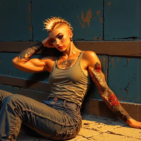 This is a digital drawing in a semi-realistic style, showcasing a young woman sitting on the ground with her back to the wall. The subject has a blonde mohawk with black roots and a fair complexion .She wears a plain olive drab tank top. The tank top is slightly wrinkled, adding to the casual, relaxed vibe of the scene. She is wearing tattered jeans that appear to be worn and fit loosely on her body and are also wrinkled. She has a colorful rose full arm sleeve tattoos on both arms. She has a nose ring and ear studs.
The woman is posed casually, lounging on the bench in a relaxed state without a care in the world. She has multiple piercings and has a punk rock vibe.
The background features a chipped paint wall which is painted in a dark blue hue, contrasting with the warm, amber-colored lighting that bathes the scene. The lighting casts dramatic shadows, emphasizing the woman's muscular build and the texture of her t-shirt. The overall mood of the image is contemplative and somewhat melancholic, enhanced by the warm, muted tones and the woman's introspective posture.
Ultra-detailed, HD, 8K quality, flawless anatomy, and vibrant contrasts that elevate the composition's opulent allure. The image has high contrast where reflected light appears brighter and shadows appear darker which enhances the contrast and hue which results in a visually stunning image that captures the eye easily. goonstyle, (((hands not in frame)))