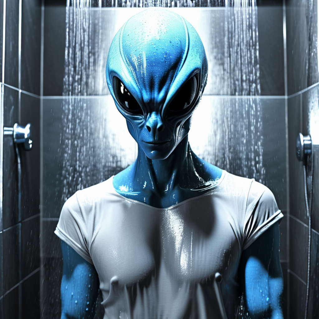 a blue alien in a shower, w3t, wet tshirt, best quality, cinematic <lora:w3t_SDXL:0.8>