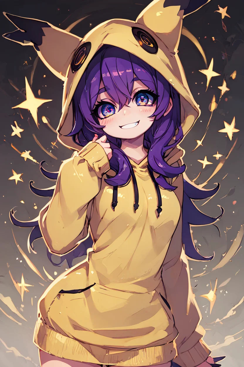 score_9, score_8_up, score_8, medium breasts, (curvy), cute, eyelashes, BREAK, , zzMimikyuHoodie, hood, hood up, cosplay, mimikyu, hoodie, long hair, purple hair, 1girl, <lora:MimikyuHoodie_PDXL:0.7>, , BREAK, smile, looking at viewer, cowboy shot, ,,, embedding:zPDXL, Expressiveh, ,,, <lora:Zankuro_Style_PDXL:0.8> <lora:SDXLFaeTastic2400:0.5>, <lora:Expressive_H-000001:0.4>,