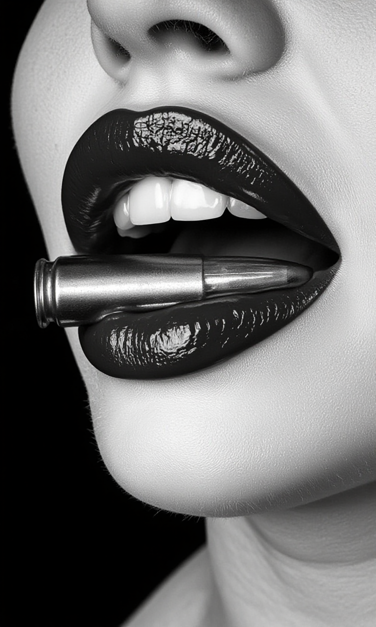 black-and-white photograph that captures the lower half of a person's face, focusing on the mouth and teeth. The subject's lips are painted a glossy, dark shade, possibly a matte lipstick or lip gloss, which creates a smooth, reflective texture. The lips are slightly parted, revealing a row of straight, white teeth. A metallic, large-caliber bullet is inserted horizontally between the lips, with the tip protruding from the right side and the base resting on the left side. The bullet is shiny and has a matte texture, contrasting with the smoothness of the lips. The background is dark, emphasizing the sharp contrast between the light and dark elements in the image. The photograph is highly detailed, capturing the fine textures of the lips and the bullet, as well as the subtle shadows and highlights that add depth to the image. The overall composition is striking and dramatic, with the juxtaposition of the bullet and the lips creating a powerful visual impact. The photograph is likely intended to convey themes of power, strength, or rebellion, with the bullet symbolizing something dangerous or forbidden., <lora:aidmaImageUpraderv0.3:0.4>, aidmaimageupgrader, <lora:diffusion_pytorch_model:1>, <lora:aidmaMJ6.1_v0.5_3:0.7>, aidmaMJ6.1, ultra quality, ultra detailed, intricate details