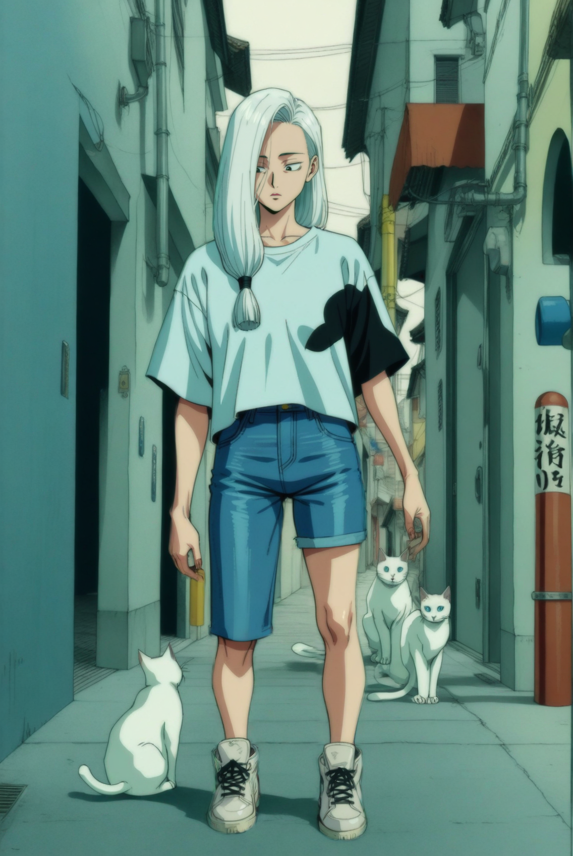 1girl, mei mei \(jujutsu kaisen\), jujutsu kaisen , (90s anime style:1.5), front view, outdoors, street view, (looking down:1.3), perfecteyes, shirt, denim shorts, (a single white cat sitting next to them) <lora:detailed_notrigger:1> <lora:ParchartXL_CODA:0.2> <lora:Isometric Cutaway:1> <lora:PerfectEyesXL:1> <lora:Surreal Harmony:0.2>