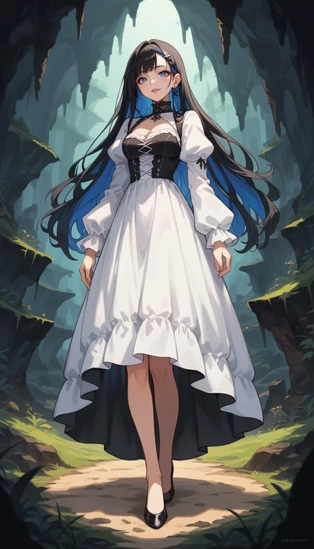 score_9, score_8_up, score_7_up, Anime Style, Full Body Shot, girl, cute, seductive, innocent, light smile:0.3, plump lips, slender body, multicolored hair, wild hair, in gothic white dress, mane, Cave Background, depth of field, dynamic angle, fashion photography, sharp, hyperdetailed:1.15