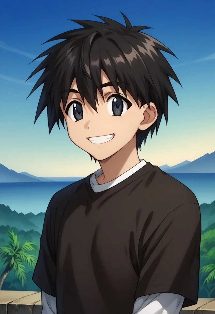 score_9, score_8_up, score_7_up, source_anime, highly detailed,
ikuto, 1boy, male focus, solo, black hair, hair between eyes, black eyes, shirt, black shirt, white shirt, short over long sleeves,
outdoor, island, palms, sky, upper body, smile, grin,