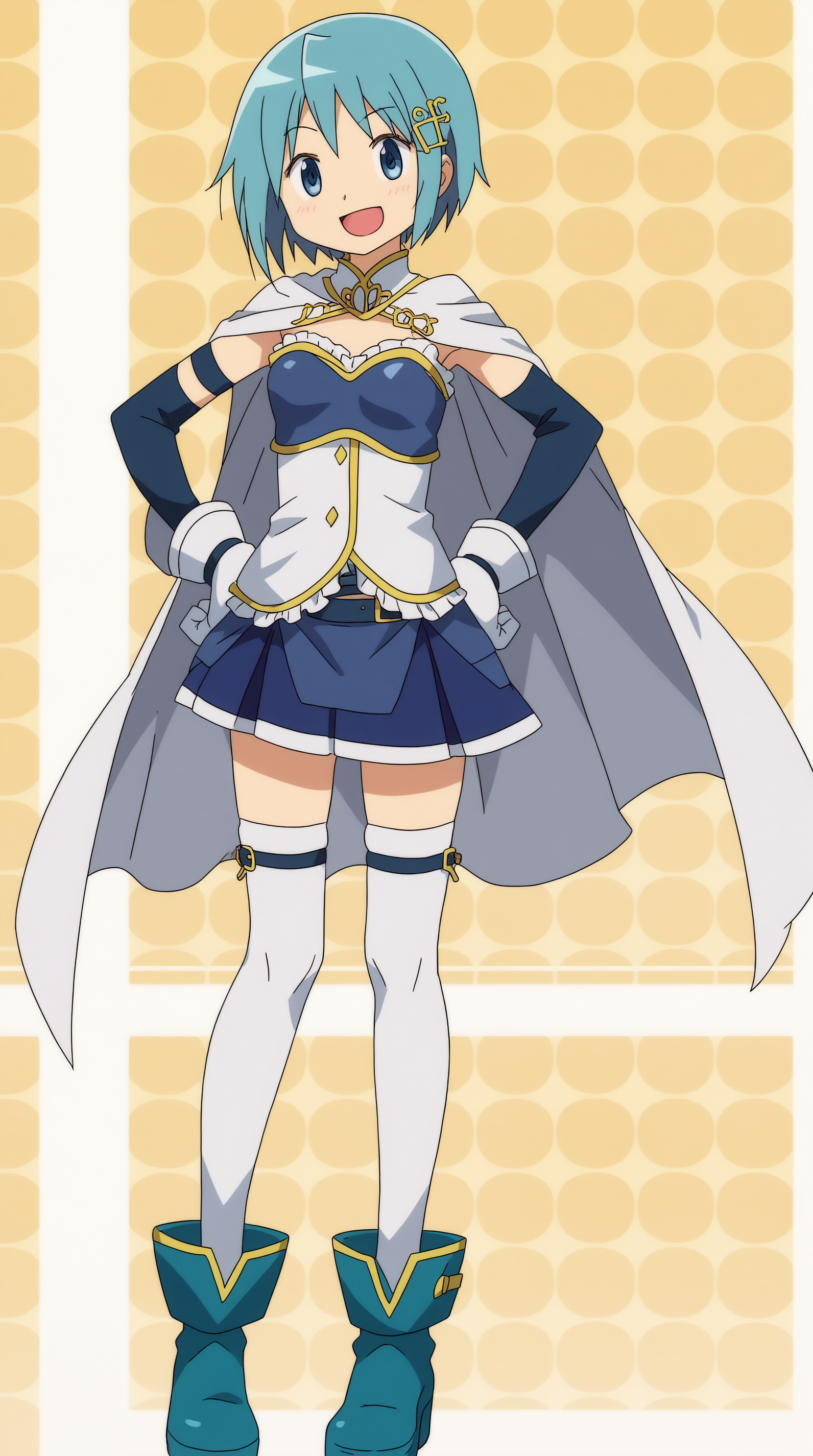 score_9, score_8_up, score_7_up,anime_source, source_anime, best background, detailed background, anime screencap  Sayaka Miki, Magical Girl Outfit, general, solo, looking at viewer, smile, open mouth, standing, full body, :d, hand on own hip, clenched hand, white thighhighs,  <lora:JN_Sayaka_Miki_Pony:0.8>