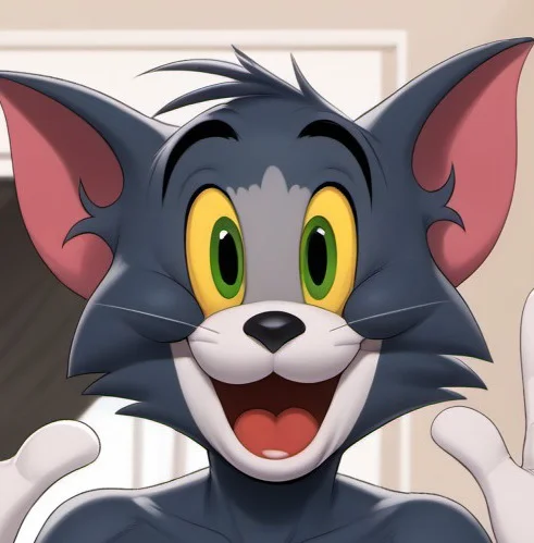 male, score 9 up, score 8 up, jmgn, anthro, skinny, Thomas_cat, tail, green eyes, yellow sclera, black nose, open mouth, happy, looking at viewer, front view, four fingers, waving, indoors, solo, portrait,