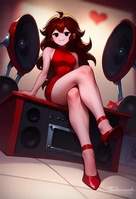 score_9, score_8_up, score_7_up, solo, 1girl, girlfriend \(friday night funkin'\), smile, looking at viewer, sitting on speakers, crossed legs, red dress, sleeveless dress, short dress, bare shoulders, red footwear, high heels, black eyes <lora:style_tarakanovich_ponyXL:1> <lora:GirlfriendXLPDLoCon:1>