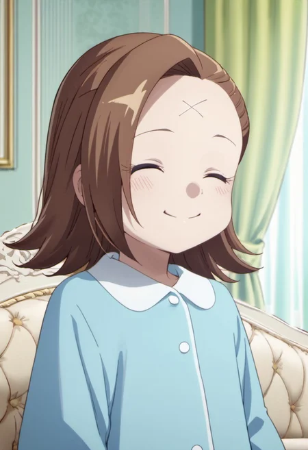 score_9, score_8_up, score_7_up, source_anime, katarina claes, female child, child, brown hair, blue eyes, 1girl, closed eyes, smile, solo, scar, pajamas, curtains, couch