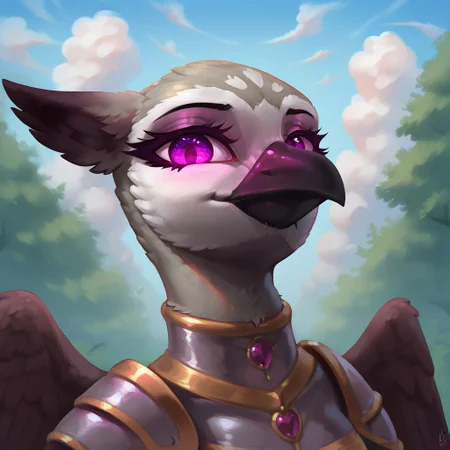 masterpiece, score_9, score_8_up, score_7_up, (best quality:1.1), ultra-detailed, high resolution, 1character, beak, wings, female, princess sköldsvärd, corrupted, jewelry, evil, (((beautiful detailed purple eyes))), Long eyelashes, Looking At Viewer, Highly Visible, (((8k))), from Equestria at War glowing eyes, armor, griffon, solo, looking at viewer, feathery ears, day, sunny, perfect lighting, outdoors, detailed background, zPDXL2