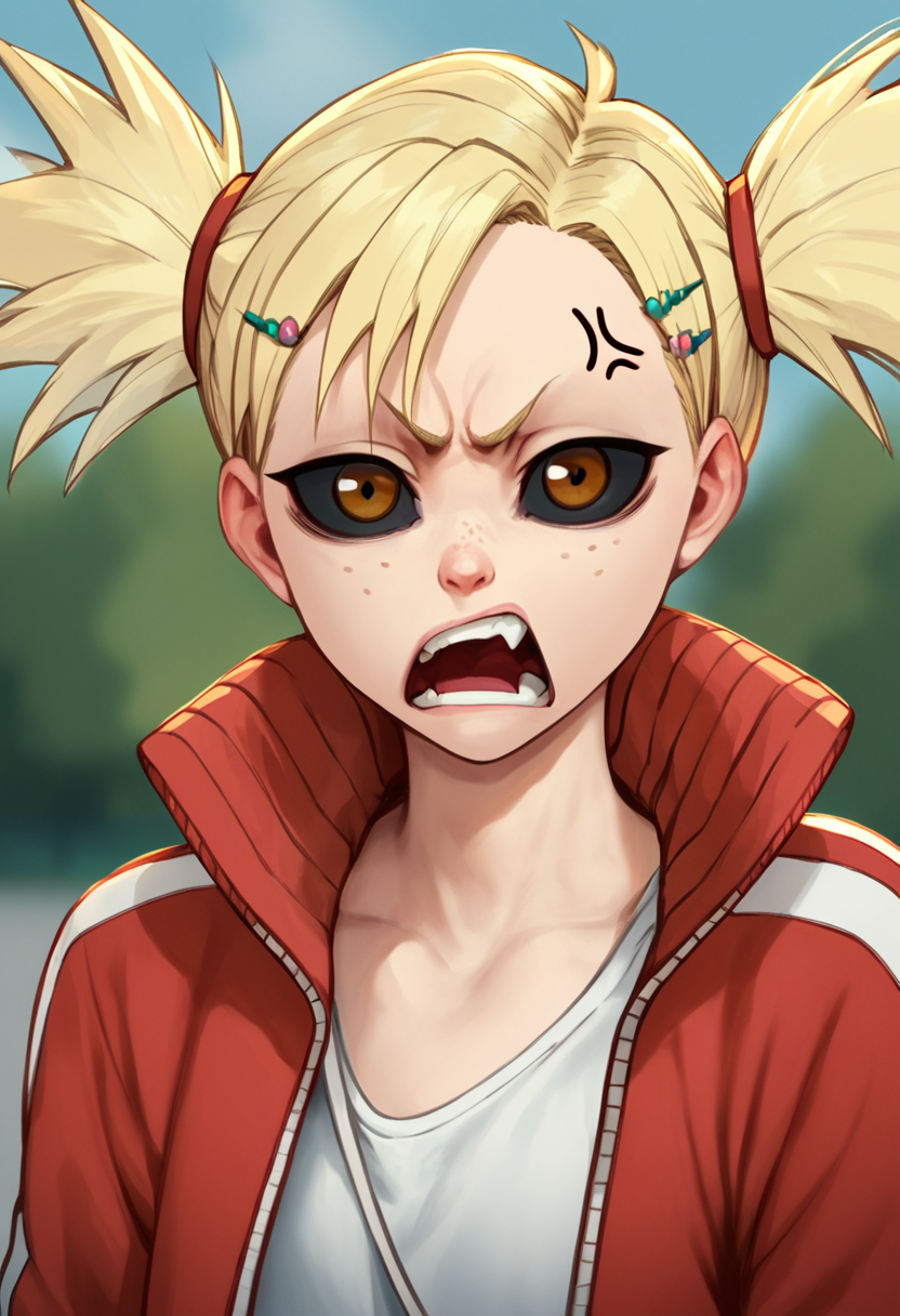 hiyorisarugaki, 1girl, blonde hair, solo, track jacket, hairclip,clenched teeth,  short twintails, freckles, brown eyes, tank top, angry, outdoors, anger vein, looking at viewer ,open mouth,    <lora:HiyoriSarugakiPony1.2:1>, score_9, score_8_up, score_7_up, score_6_up, score_5_up, score_4_up, looking at viewer,track suit black sclera,