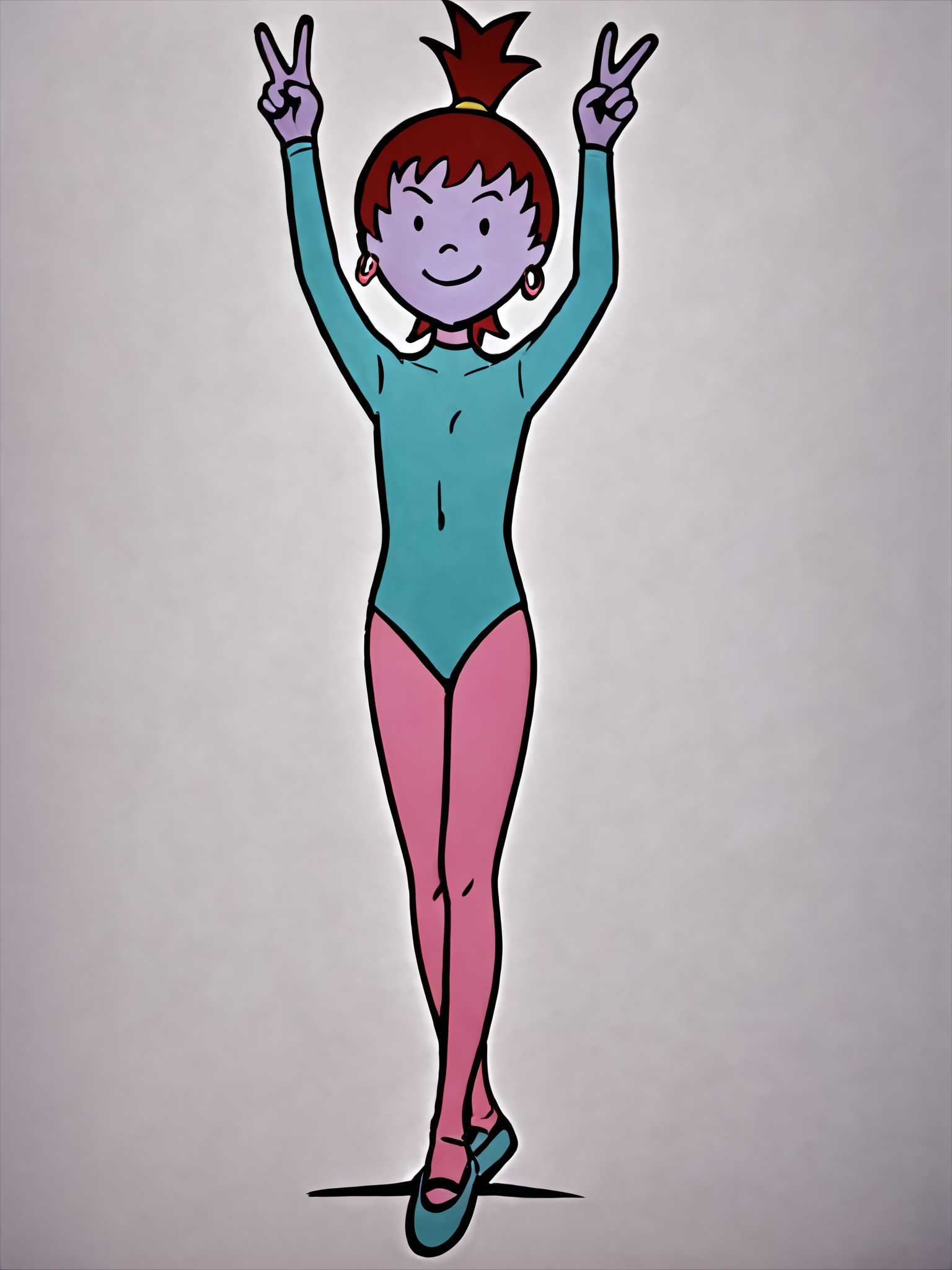 score_9, score_8_up, score_7_up, score_6_up, score_5_up, source_anime, masterpiece, high quality, BREAK white background, 1girl, <lora:Beebee_Bluff_PDXLv1:0.8> beebe bluff, hoop earrings, pink pantyhose, long sleeves, leotard, smile, v, ballet slippers