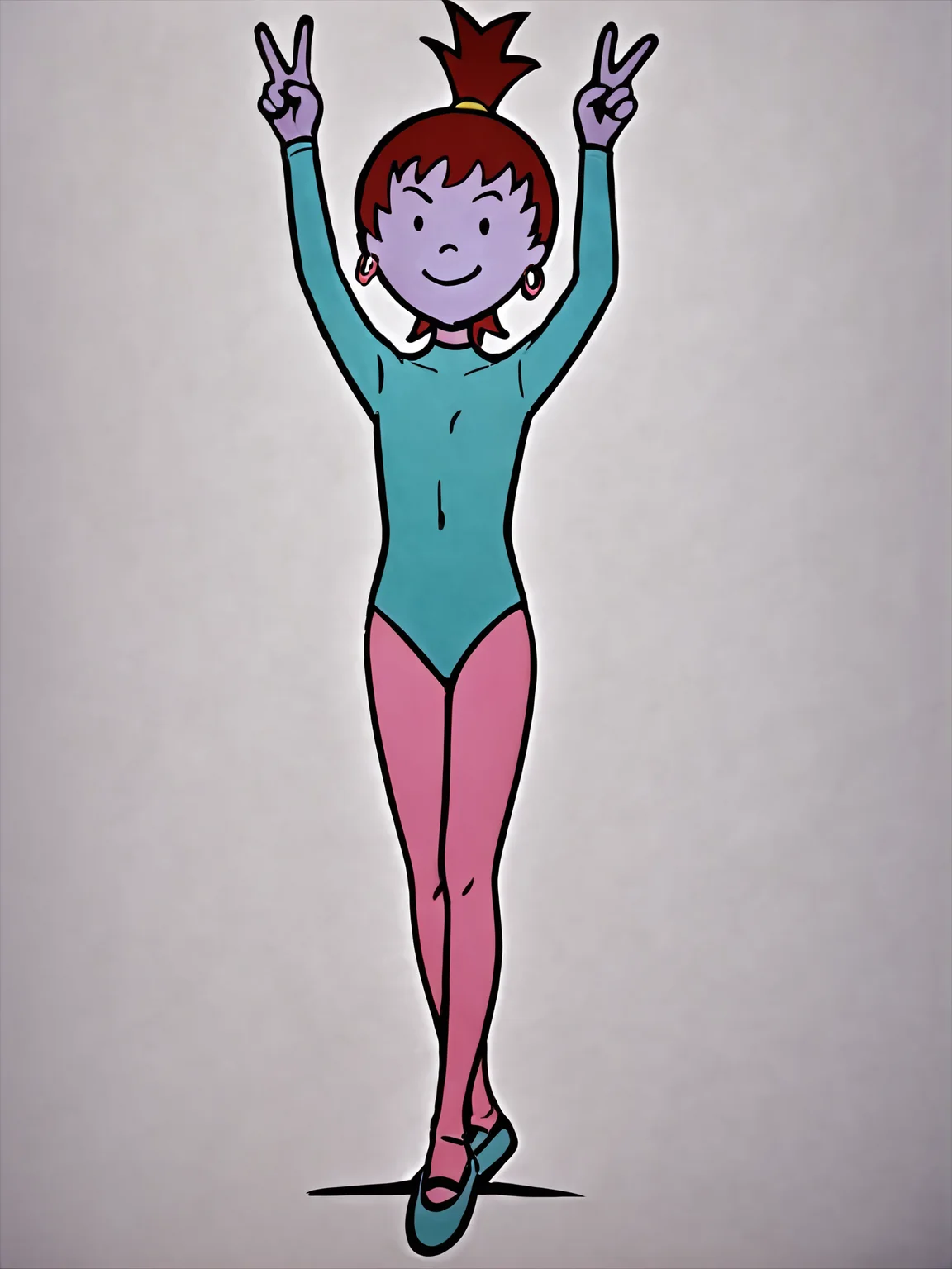score_9, score_8_up, score_7_up, score_6_up, score_5_up, source_anime, masterpiece, high quality, BREAK white background, 1girl, <lora:Beebee_Bluff_PDXLv1:0.8> beebe bluff, hoop earrings, pink pantyhose, long sleeves, leotard, smile, v, ballet slippers