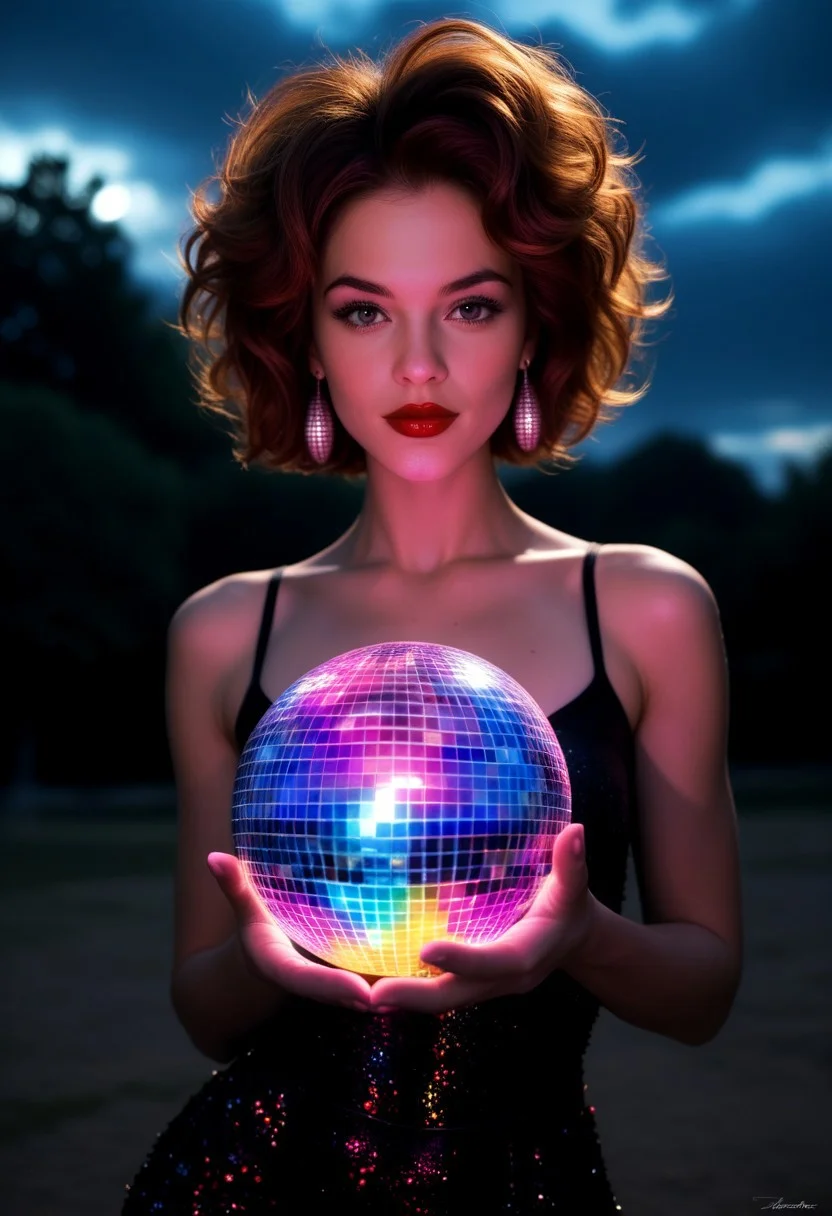 masterpiece, best quality, highres, realistic, best quality,
score_9, score_8_up, score_7_up, 
a sky full of huge colorful disco balls. lightning disco balls, disco ball in hands, red lipstick,
BREAK,
dark lights, Dark Fantasy page,