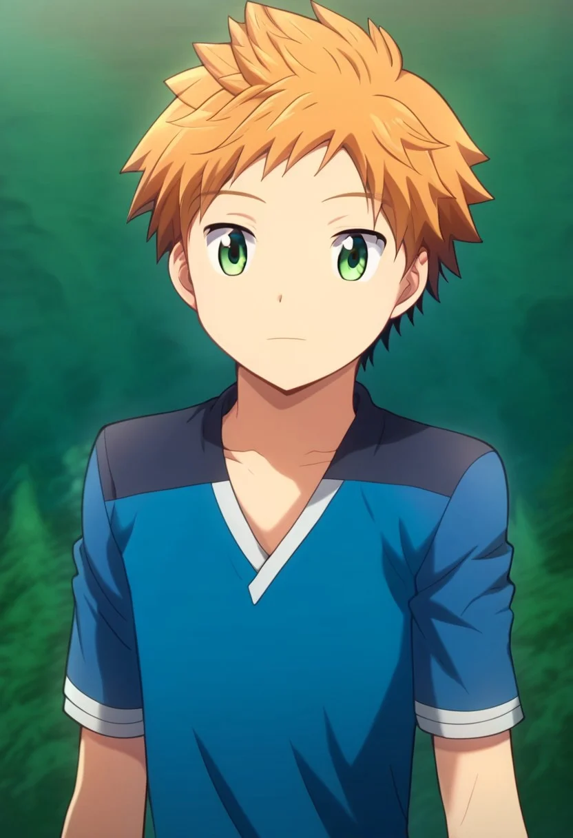 blond hair, short hair, bangs, green eyes, 1boy, solo, solo focus, character design of a unique hybrid, (Kenji's hair:1.3) and (face:1.3), (Tomohito's body:1.2),