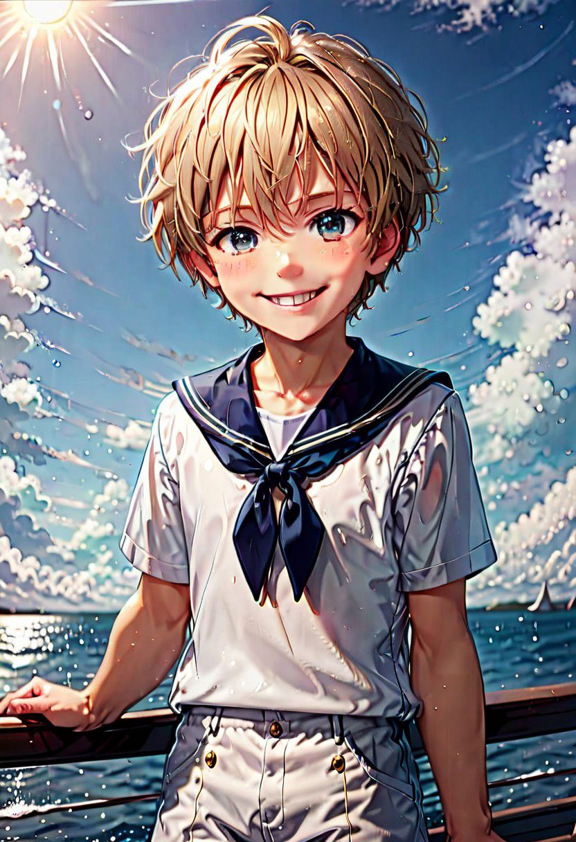 8K, 4K. Handsome sailor boy, wide smiling, with dreamy eyes, sunny day, beautiful sky, absurd. (((With a cute happy sailor girl)))  <lora:sailorboyssdxl_v:1.0>