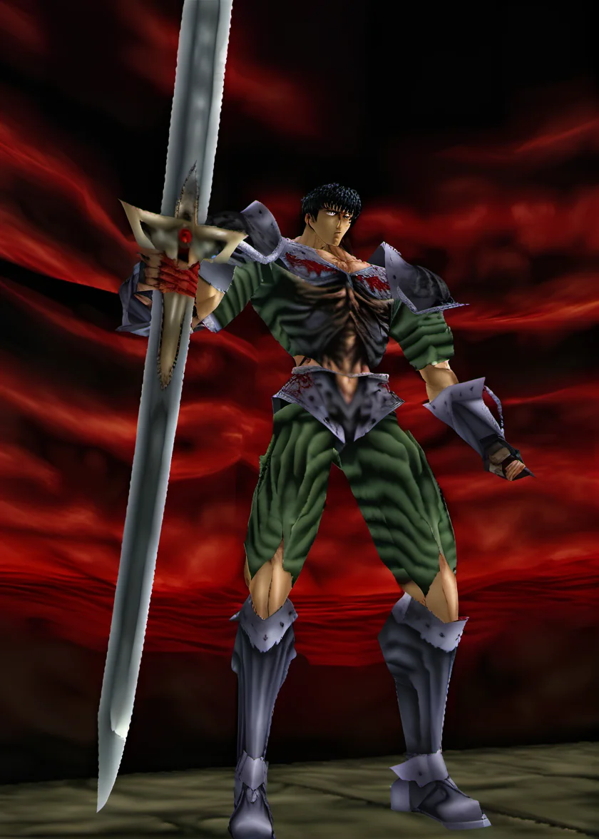 kentaro miura berserk guts, (ps1 style:1), <lora:ps1_style_SDXL_v1:1>, (game screenshot), (computer generated image)