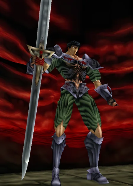 kentaro miura berserk guts, (ps1 style:1), <lora:ps1_style_SDXL_v1:1>, (game screenshot), (computer generated image)