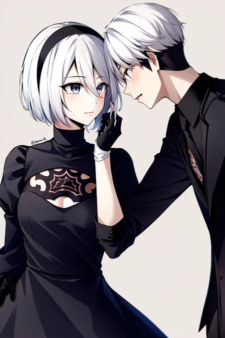 yorha no. 2 type b, 1girl, yorha no. 9 type s, 1boy, black dress, black gloves, black hairband, black jacket, bob cut, dress, gloves, grey background, grey eyes, hair between eyes, hairband, hand in another's hair, jacket, juliet sleeves, long sleeves, looking at another, mole, mole under mouth, nier \(series\), nier automata, puffy sleeves, short hair, twitter username, upper body, white hair
<lora:yorha_noDOT_2_type_b:0.5>