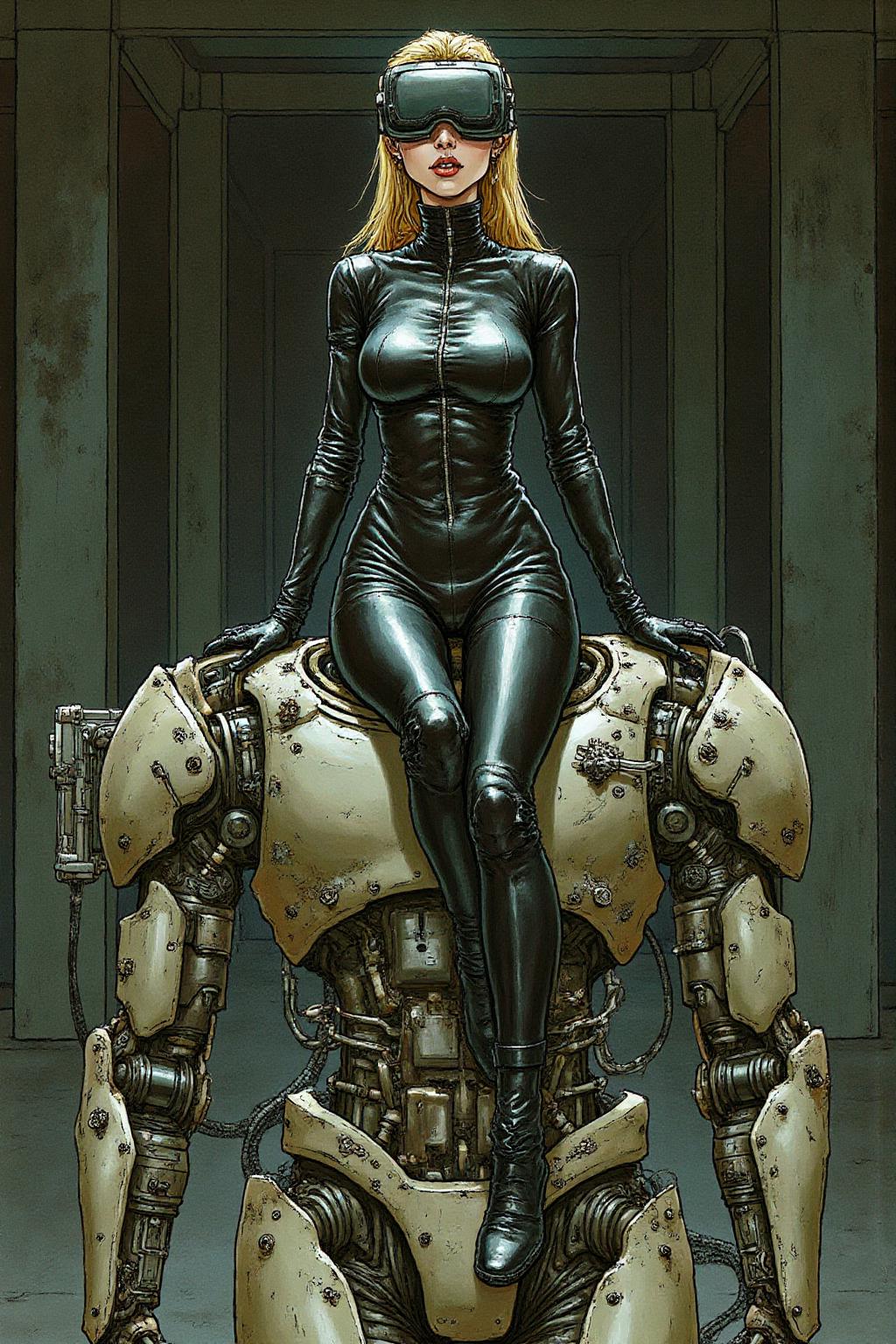kategreenaway1 illustration. 
A striking, futuristic scene depicts a woman dressed in sleek, form-fitting leather attire, sitting confidently atop an open power suit, inspired by the cyberpunk aesthetics of Masamune Shirow. The power suit, a blend of advanced technology and military-grade armor, features intricate mechanical details, exposed wiring, and a robust, yet streamlined design. The woman, wearing a cutting-edge VR headset, exudes a sense of control and mastery over the machine beneath her. Her posture is relaxed yet commanding, with one hand resting on the suit's metallic surface and the other casually holding a piece of advanced tech. The background is a high-tech industrial setting, with dim lighting that casts dramatic shadows, highlighting the fusion of human and machine. The overall atmosphere is one of futuristic coolness and cybernetic elegance, capturing the essence of Shirow's iconic style 
  <lora:kategreenaway1_f16e6:1.0><lora:870952281581877341:0>
