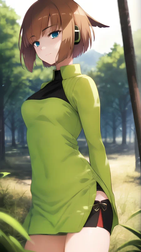 pixel-Konami in forest, 1girl, green dress, miniskirt, masterpiece, photorealistic, realistic, (RAW photo, 8k uhd), caustics, subsurface scattering, dynamic shot, <hypernet:myhands_22k:0.75> <lora:konami-Kirie-LoRA:0.75>