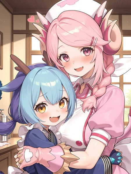 2girls, open mouth, blush, heart, hairclip, hug, looking at viewer, fangs, upper body, skin fang, nurse dragonmaid, white nurse cap, pink fingerless gloves, pink nurse dress, laundry dragonmaid, blue fingerless gloves, blue maid outfit,indoors,
masterpiece,best quality,amazing quality,very aesthetic,absurdres,newest,<lora:Nurse dragonmaid illuXL v1.1:0.74>,