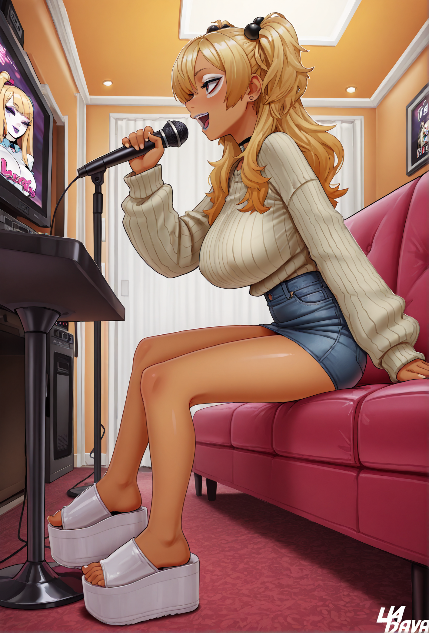masterpiece, best quality, 
andava,
from side, (low angle:1.1),
1girl, tan skin, gyaru, 
sweater, denim skirt,
large breasts, 
(l4c4rte sandals), (platform footwear), (white footwear:1.1),
feet, toes, 
(blonde hair), (white makeup),
cute face, perfect face,
sitting on leather couch,
karaoke box, karaoke, microphone,
