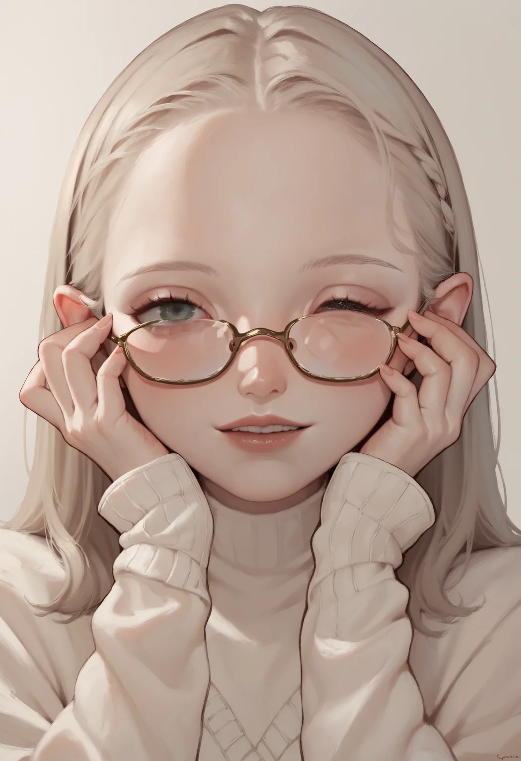 score_9, score_8_up, score_7_up, score_6_up, 1girl, solo, face close up, smile, glasses, one eye close, hands on face, <lora:12yun30_PonyXL_dim16:1>