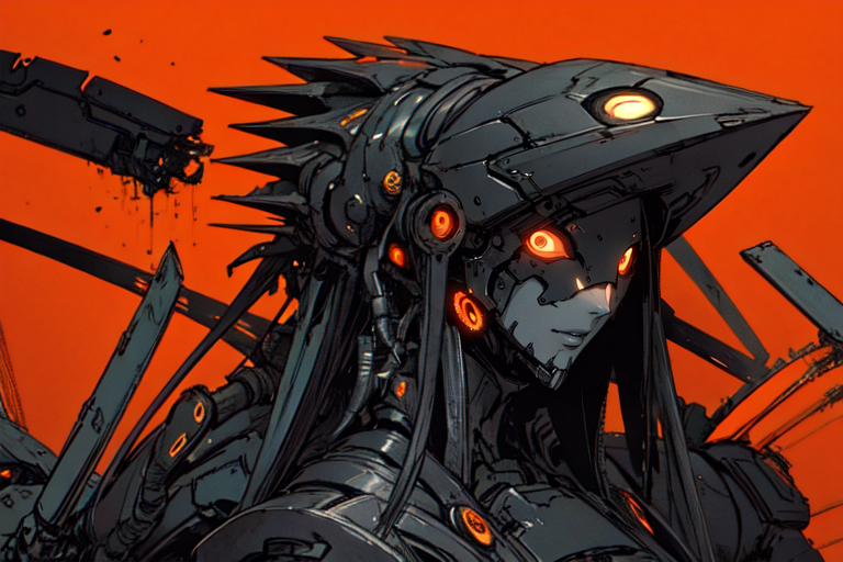 highly insanely detailed, masterpiece, top quality, best quality, highres, 4k, 8k, RAW photo, (very aesthetic, beautiful and aesthetic),  
tsutomu nihei,nihei_tsutomu,blame!,blame gakuen!,abara,TNstyle,sidonia_no_kishi,gauna,gauna mech,futuristic,flock, 
<lora:blameLora_v10:0.8>, 
(1girl:1.3), 
solo focus, 
(pure orange background,transparent background:1.2),âââ