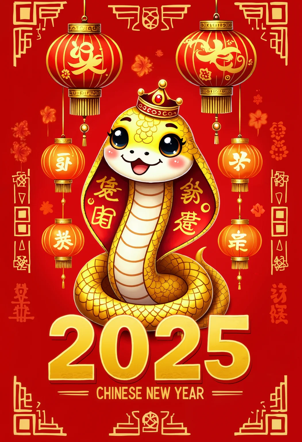bo-snake, a oil paint on canvas of a world of mystical anime snake, dark fantasy, A vibrant, stylized illustration for the Chinese Year of the Snake (2025), showcasing a friendly, cartoonish golden snake adorned with a regal crown. The snake, positioned in a welcoming posture, is depicted with large, expressive eyes and a gentle smile, embodying the spirit of the New Year. Surrounding the snake are intricately designed, deep crimson lanterns, their paper surfaces adorned with traditional Chinese patterns and symbols â swirling clouds, auspicious characters, and delicate floral motifs. These striking lanterns cast warm, inviting light against the backdrop of a bold, solid red background, creating a dramatic contrast with the golden snake. The background also incorporates repeated patterns of ornate decorative borders and auspicious symbols, adding depth and texture to the composition. An oversized, bold, serif typeface in a rich gold-yellow presents the words "CHINESE NEW YEAR 2025" in a visually prominent, decorative arrangement, enhancing the festive atmosphere. The overall impression is one of warm hospitality, joyful celebration, and the welcoming spirit of the New Year, characterized by an expressive use of color, form and whimsical, impressionistic details.<lora:boFLUX Year of the Snake.safetensors:1.0:1.0>