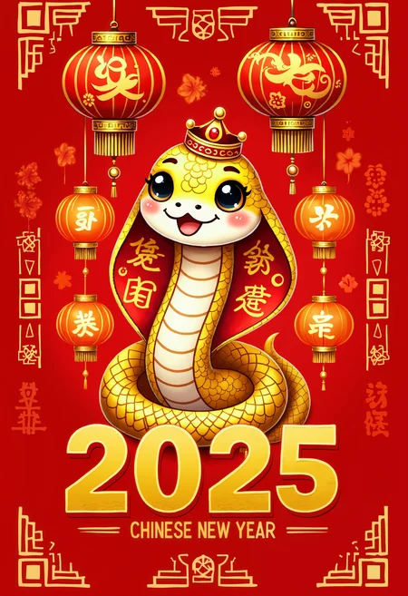 bo-snake, a oil paint on canvas of a world of mystical anime snake, dark fantasy, A vibrant, stylized illustration for the Chinese Year of the Snake (2025), showcasing a friendly, cartoonish golden snake adorned with a regal crown. The snake, positioned in a welcoming posture, is depicted with large, expressive eyes and a gentle smile, embodying the spirit of the New Year. Surrounding the snake are intricately designed, deep crimson lanterns, their paper surfaces adorned with traditional Chinese patterns and symbols â swirling clouds, auspicious characters, and delicate floral motifs. These striking lanterns cast warm, inviting light against the backdrop of a bold, solid red background, creating a dramatic contrast with the golden snake. The background also incorporates repeated patterns of ornate decorative borders and auspicious symbols, adding depth and texture to the composition. An oversized, bold, serif typeface in a rich gold-yellow presents the words "CHINESE NEW YEAR 2025" in a visually prominent, decorative arrangement, enhancing the festive atmosphere. The overall impression is one of warm hospitality, joyful celebration, and the welcoming spirit of the New Year, characterized by an expressive use of color, form and whimsical, impressionistic details.<lora:boFLUX Year of the Snake.safetensors:1.0:1.0>