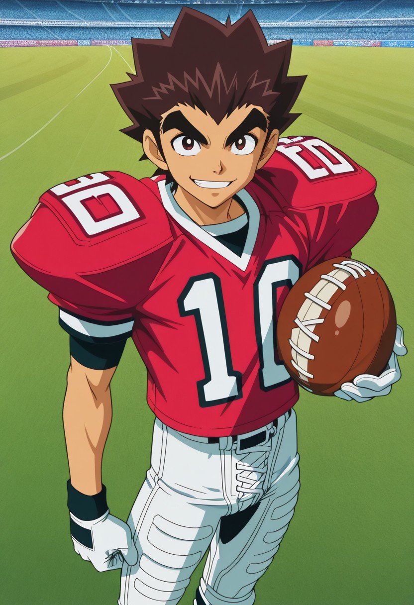 Yaoi figure PVC, PVC boy, PVC texture, male, High Quality, perfect anatomy, HD, anime style, break
TAROU RAIMON, 1boy, alone, brown hair,  thick eyebrows, dark brown eyes, athletic build, smiling, posing, looking at viewer, football uniform, tight uniform, red and white uniform, football field
