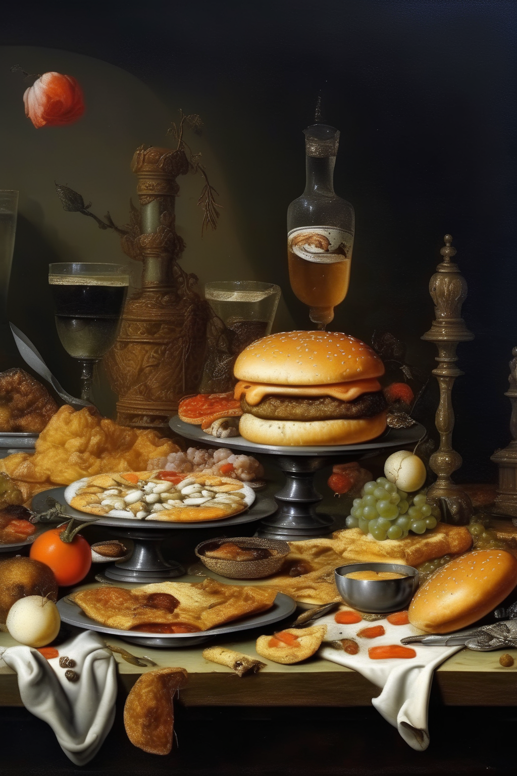 <lora:Pieter Claesz Style:1>Pieter Claesz Style - Dutch painting Still Life Food Table feast Fast Food McDonalds Burger King pizza
