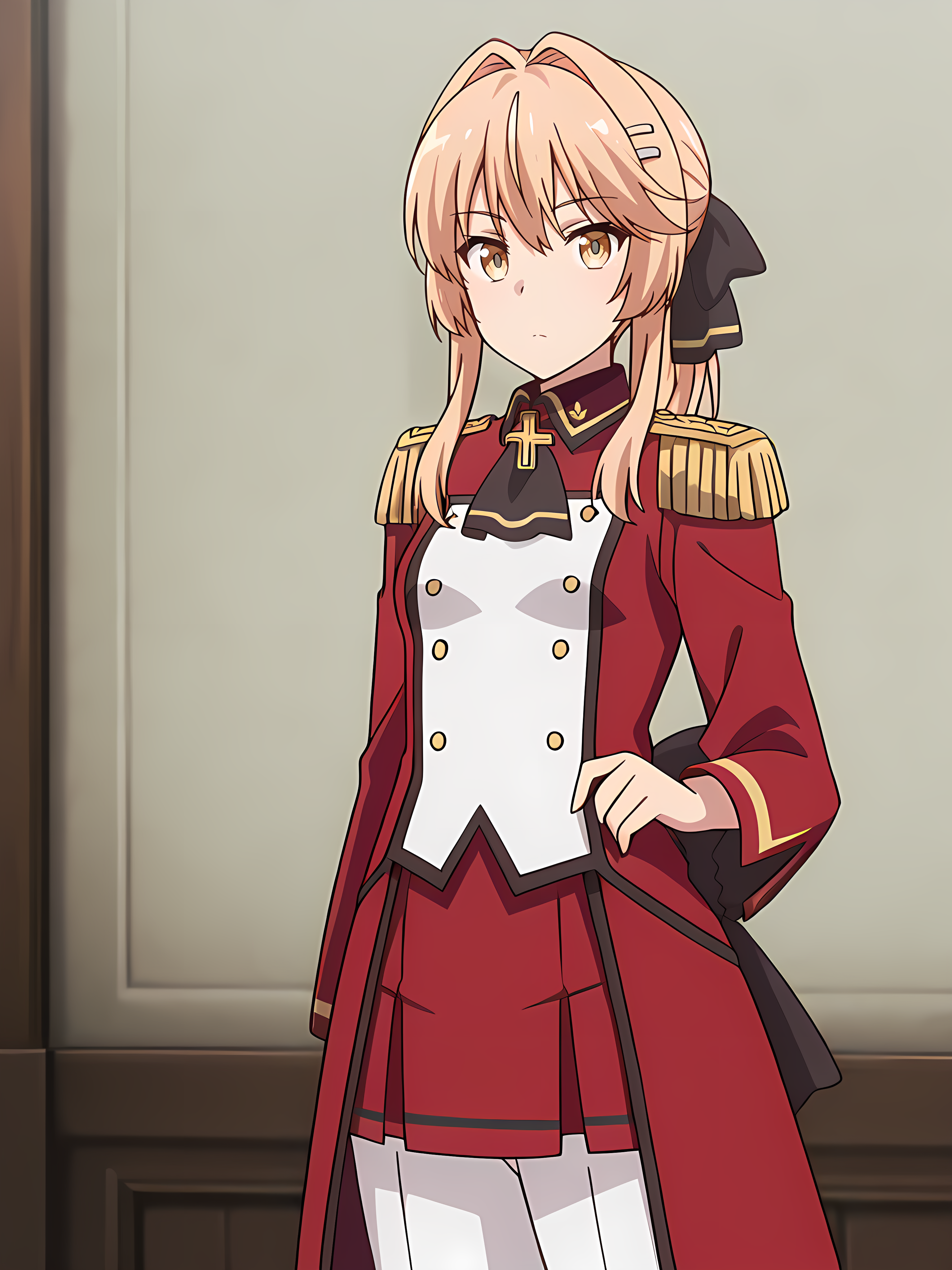 masterpiece, very aesthetic, absurdres, best quality, high quality, cinematic shadow, character focus,perfect hands,small breasts, cowboy shot, <lora:HandFixer_pdxl_Incrs_v1:1> handfixer, <lora:liscia:1>,,liscia,blonde hair, bangs,hair intakes, yellow eyes, ponytail,lisciadress,military uniform, epaulettes,hairclip,cross brosch, buttons, red long sleeves, red pleated skirt,white pants,  black ribbon,hair ribbon, solo, looking at viewer,