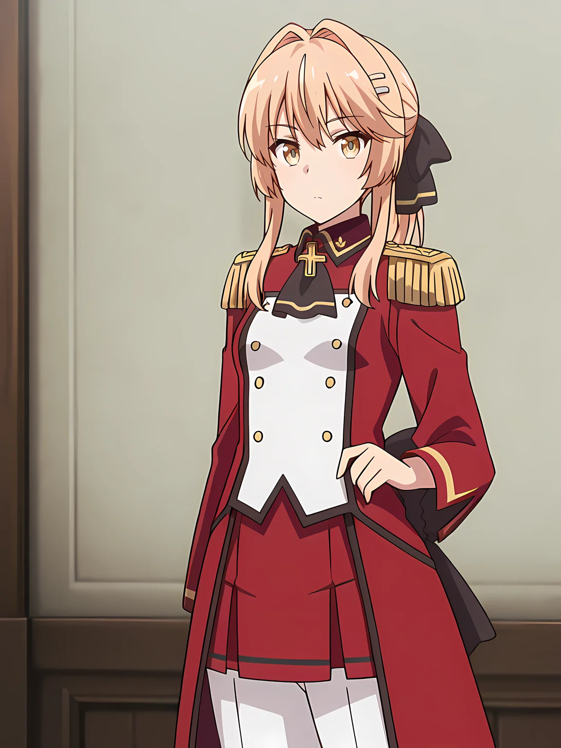 masterpiece, very aesthetic, absurdres, best quality, high quality, cinematic shadow, character focus,perfect hands,small breasts, cowboy shot, <lora:HandFixer_pdxl_Incrs_v1:1> handfixer, <lora:liscia:1>,,liscia,blonde hair, bangs,hair intakes, yellow eyes, ponytail,lisciadress,military uniform, epaulettes,hairclip,cross brosch, buttons, red long sleeves, red pleated skirt,white pants, black ribbon,hair ribbon, solo, looking at viewer,