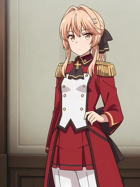 masterpiece, very aesthetic, absurdres, best quality, high quality, cinematic shadow, character focus,perfect hands,small breasts, cowboy shot, <lora:HandFixer_pdxl_Incrs_v1:1> handfixer, <lora:liscia:1>,,liscia,blonde hair, bangs,hair intakes, yellow eyes, ponytail,lisciadress,military uniform, epaulettes,hairclip,cross brosch, buttons, red long sleeves, red pleated skirt,white pants, black ribbon,hair ribbon, solo, looking at viewer,