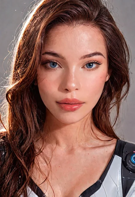 score_9, Raw Photo, (looking over shoulder portrait:1.3), 4ng3l face, blue eyes glancing back, brown hair swept to one side:1.1, elegant neck turn, high cheekbones, soft lips in partial profile:1.2, no smile:1.4, mysterious expression, flawless skin:1.2, perfect face symmetry:1.2, ultra sharp facial details:1.4, tech suit shoulder detail, rim lighting:1.3, cinematic color grading, sharp details:1.4, realistic skin texture:1.4, super detailed, photo realistic, masterpiece