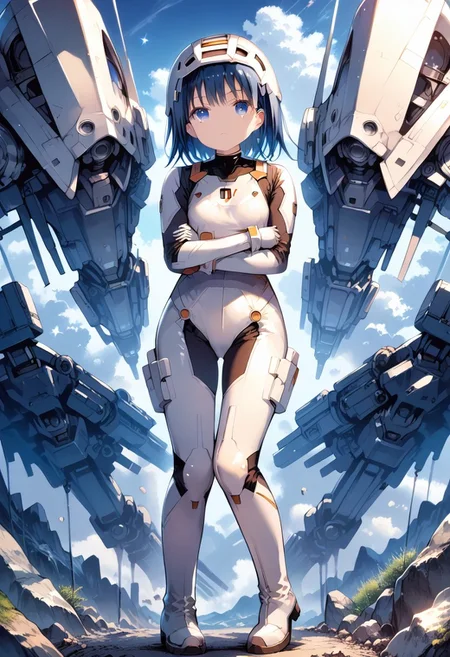 score_9, score_8_up, score_7_up, 1girl,FujisakaLP,high definition eyes, (masterpiece), (best quality), (ultra detailed),(disheveled hair),(illustration), (best shadow), detail1eye, wide thighs, wide hips, (highest quality, highest resolution, distinct_image, detailed details): (Solo, lone girl, Japan face, blue haired girl, short cut, full body figure, small size breasts, sparkling blue colored eyes, pilot suit in metallic white and blue color, tight fit clothes, clothes covering the whole body, beauty, slim body, exoskeleton, sexy pose, heroine, Full face helmet, knee boots)